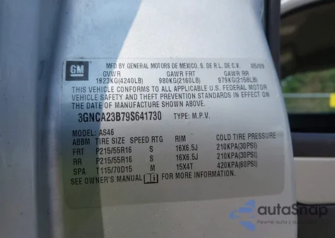 2009 Chevrolet Hhr Lt z USA, uszkodzony, nr VIN 3GNCA23B79S641730